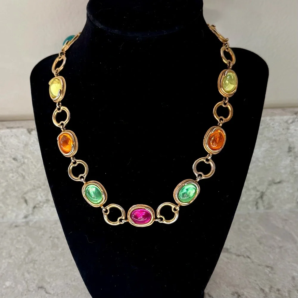 Vintage Multicolor Cabochon Glass Gold Tone Collar Necklace
